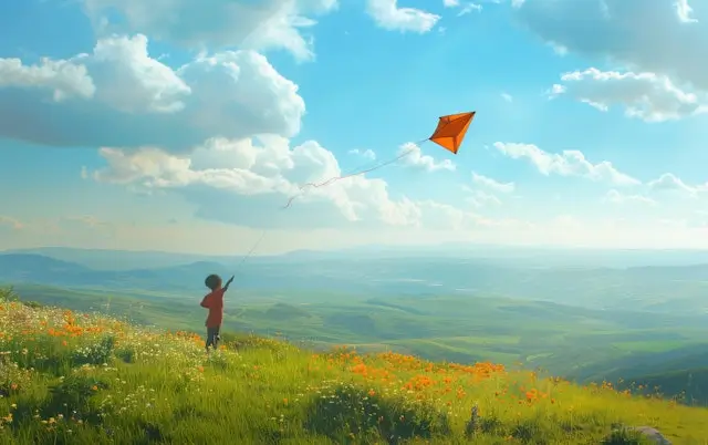 Child Flying Kite on Green Hill